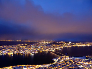 View of Tromsø from Fjellheisen in the evening before the snow arrives.