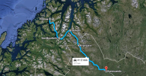 The route taken from Tromsø to witness the northern lights in Finland. (from Google Maps)